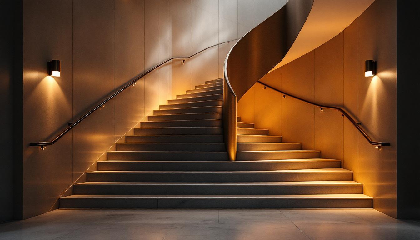 A photograph of a beautifully designed staircase illuminated by strategically placed lights