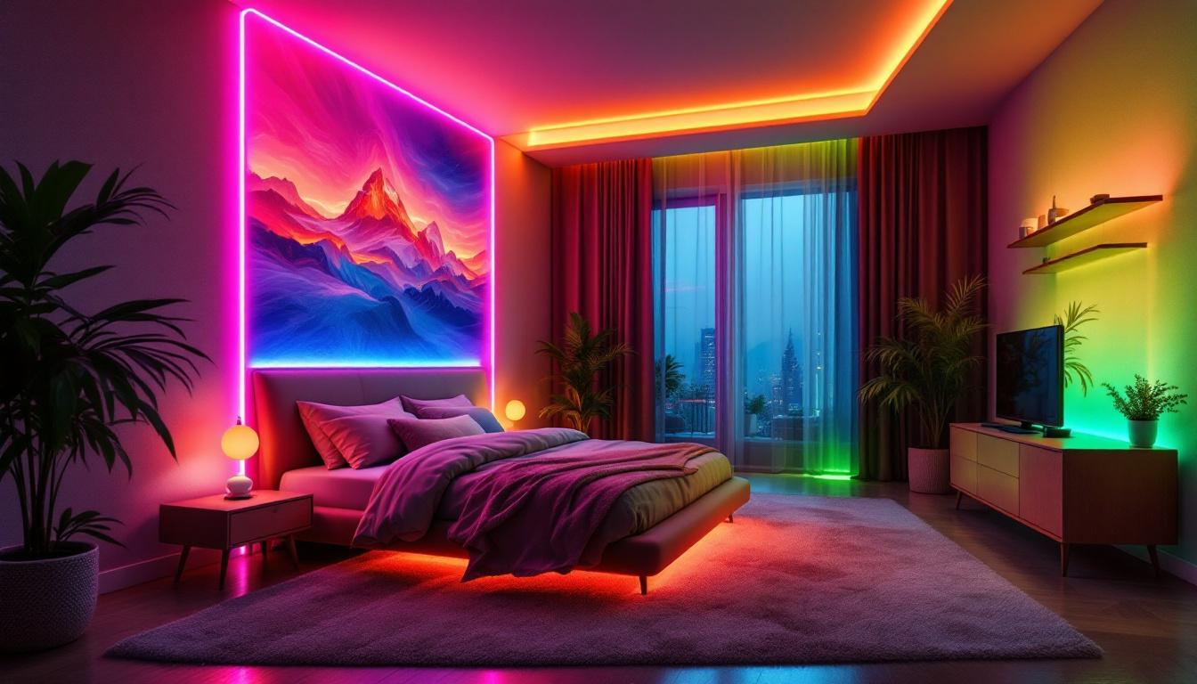 A photograph of a spacious bedroom featuring vibrant led lighting in various colors