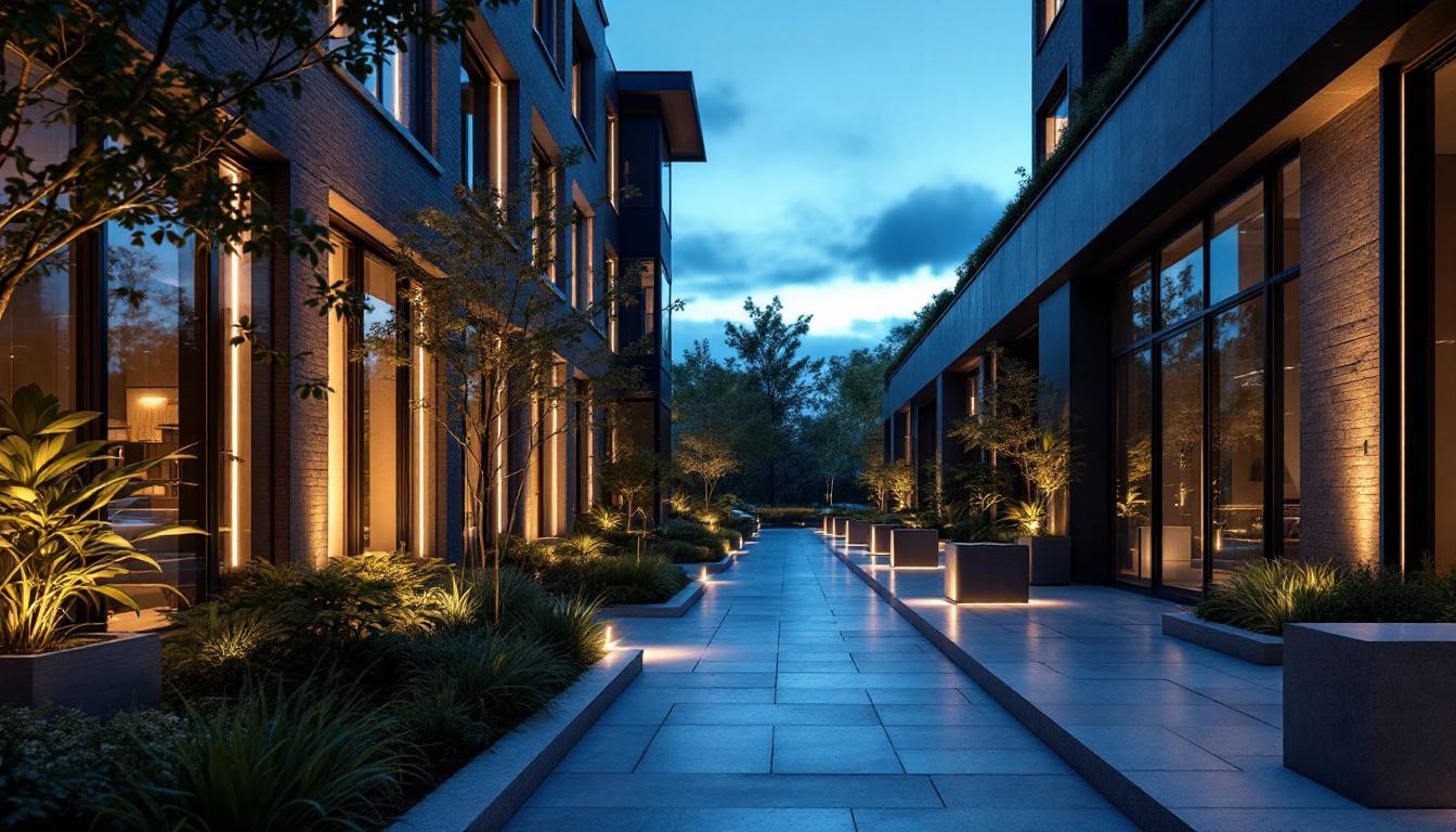 A photograph of an innovative outdoor space showcasing modern directional lighting installations