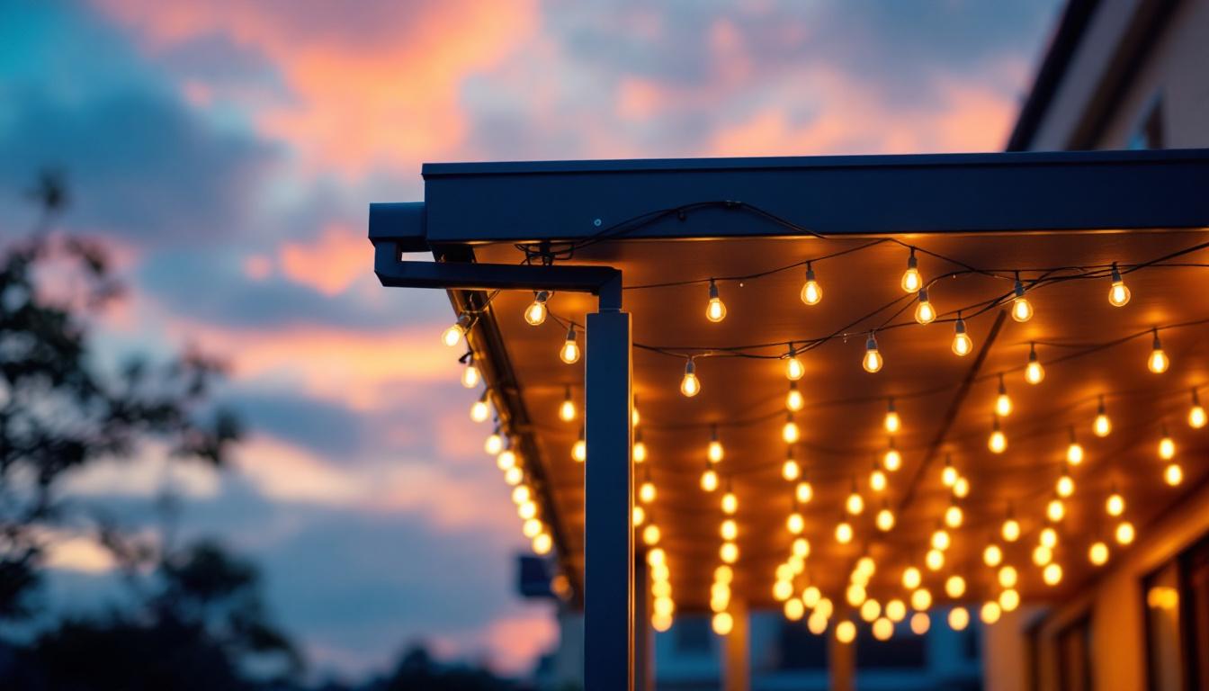 A photograph of a beautifully illuminated outdoor canopy at dusk