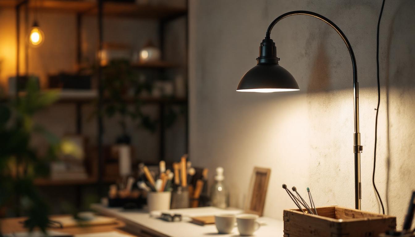 A photograph of a well-lit workspace featuring hardwired shop lights