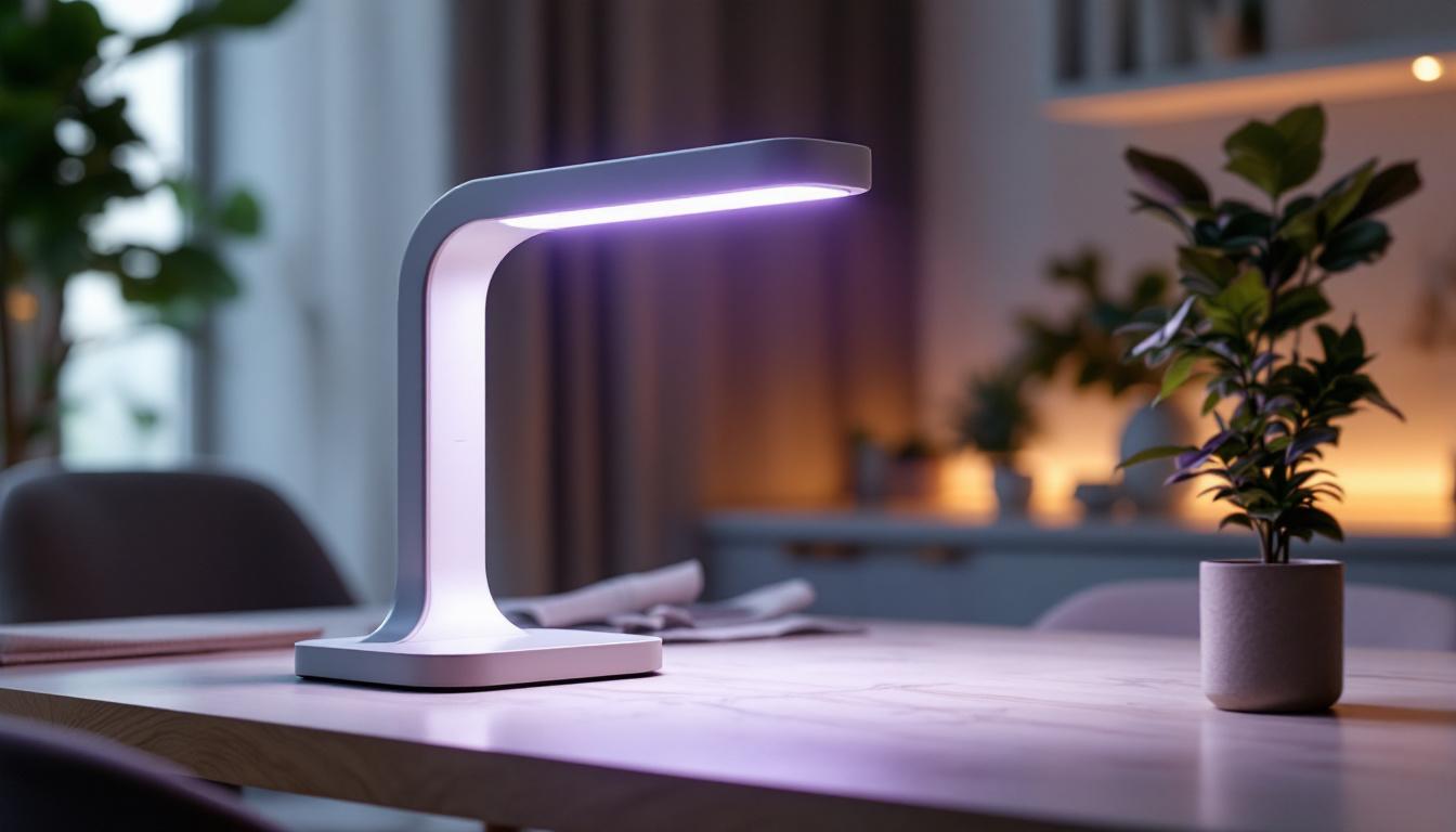 A photograph of a sleek and modern uv cleaning lamp in use within a stylish interior setting