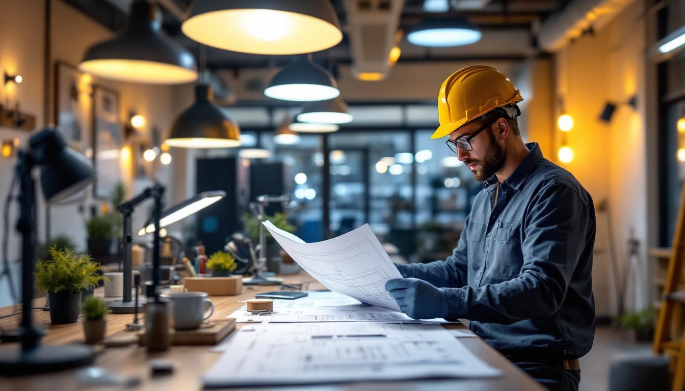 A photograph of a modern engineering workspace featuring a variety of lighting fixtures