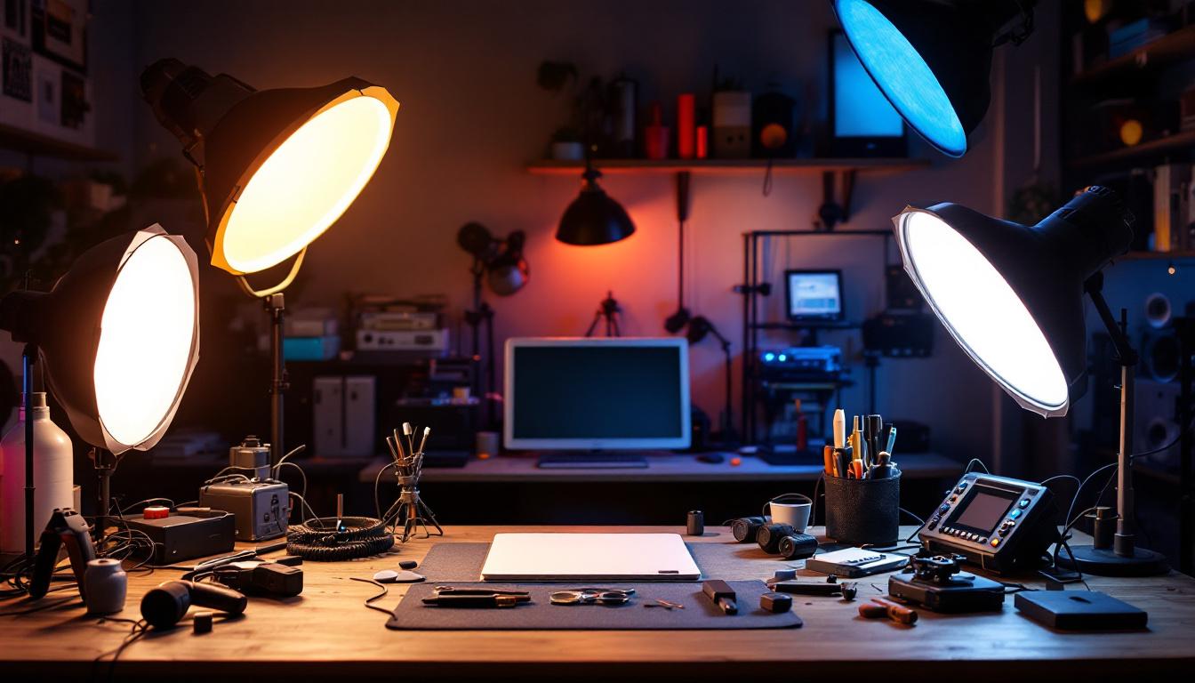 A photograph of a well-lit workspace featuring various lighting fixtures and tools used by electrical engineers