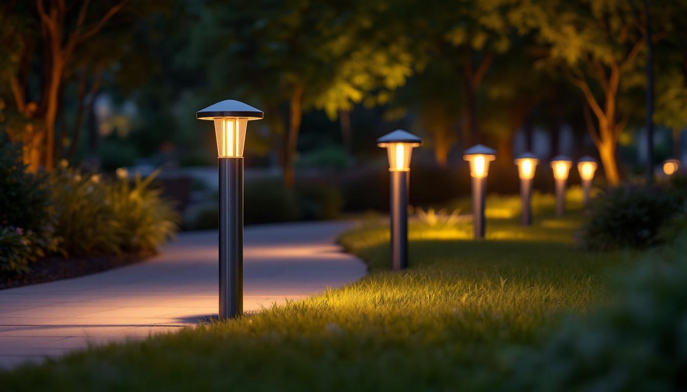 A photograph of capture a photograph of a series of stylish outdoor lighting bollards illuminating a landscaped pathway at dusk
