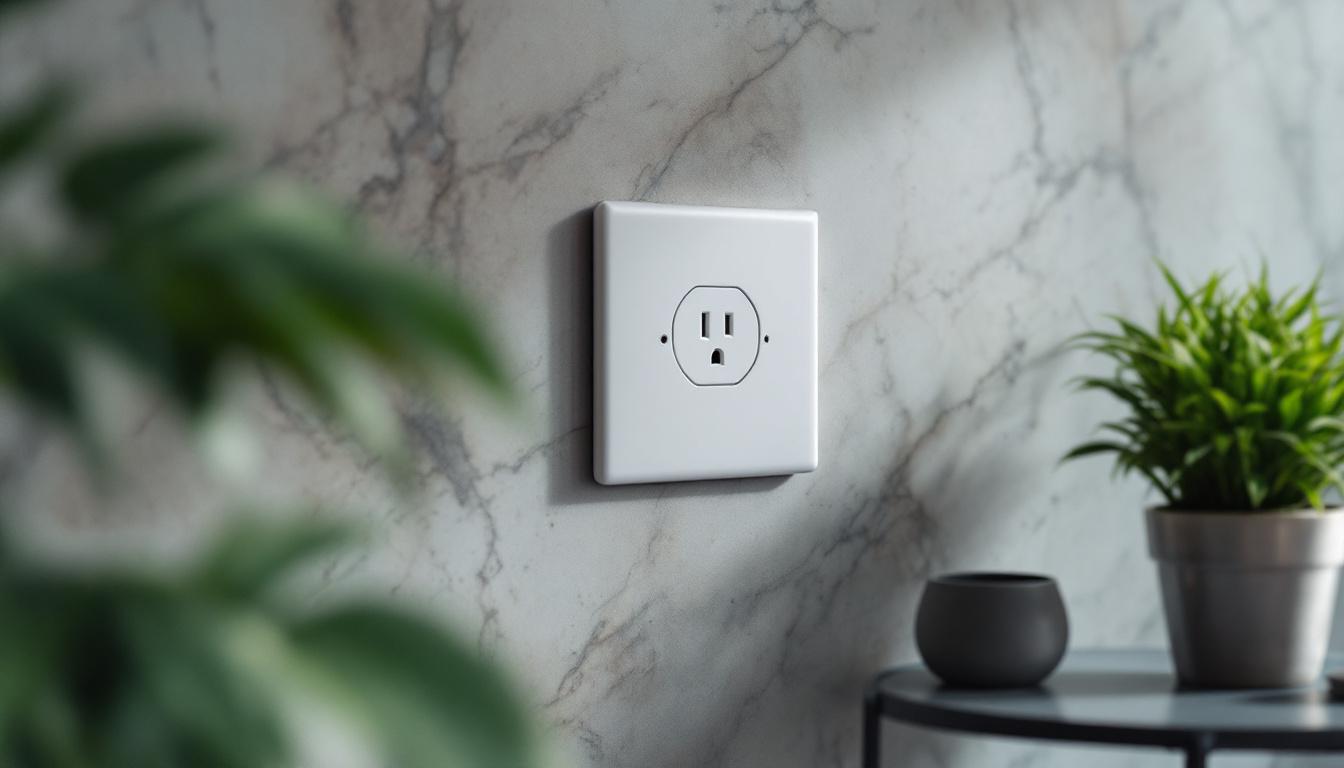 A photograph of a close-up shot of a modern wall outlet in a stylish interior setting