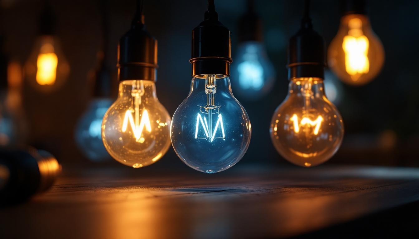 A photograph of a close-up shot of various light bulbs with different brightness levels