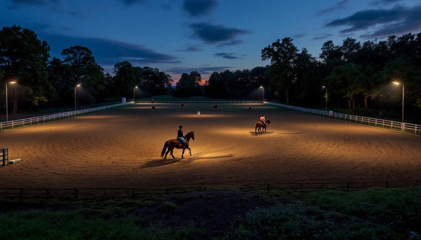 A photograph of a well-lit horse riding arena during dusk