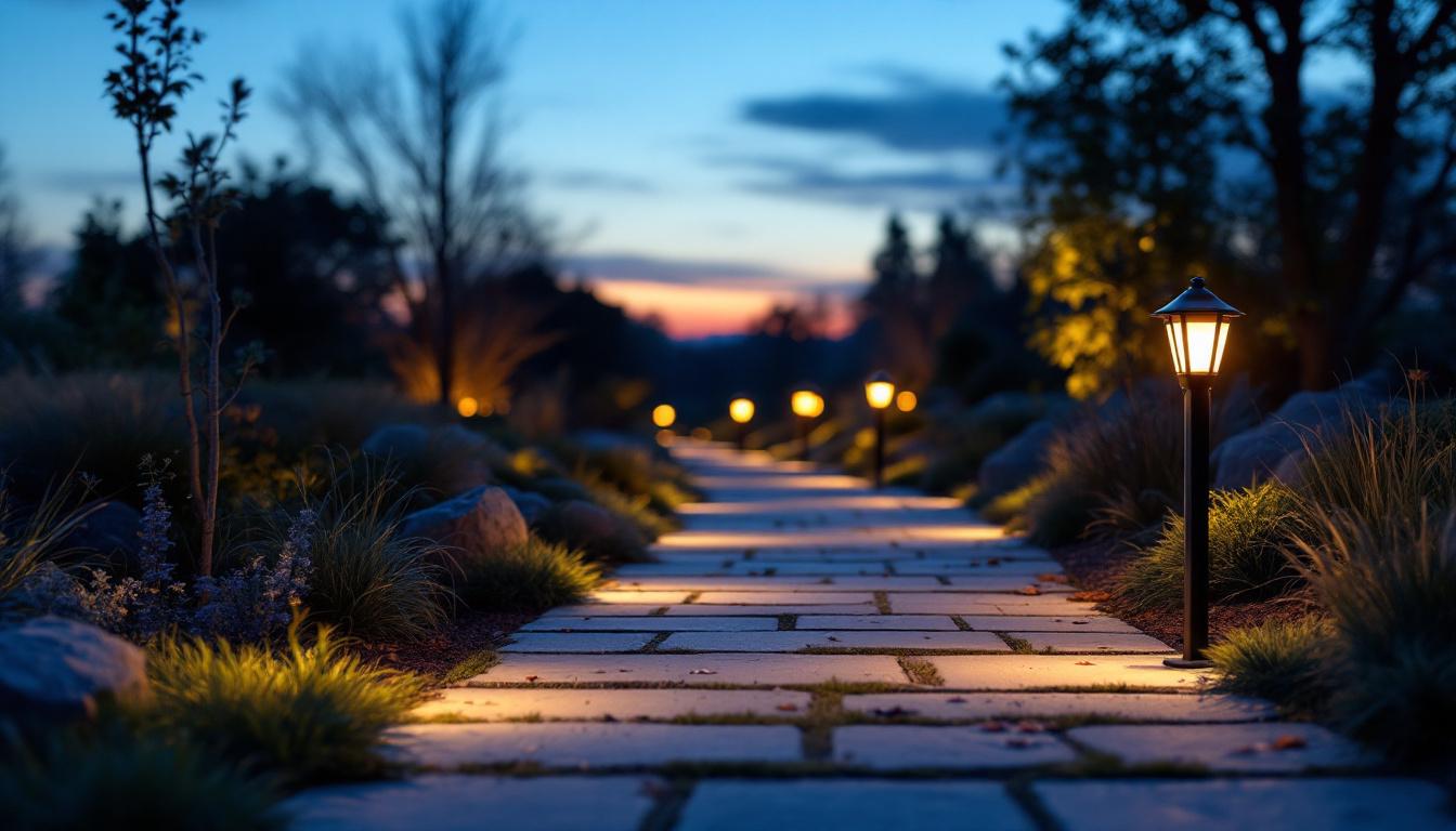 A photograph of a beautifully illuminated pathway at dusk