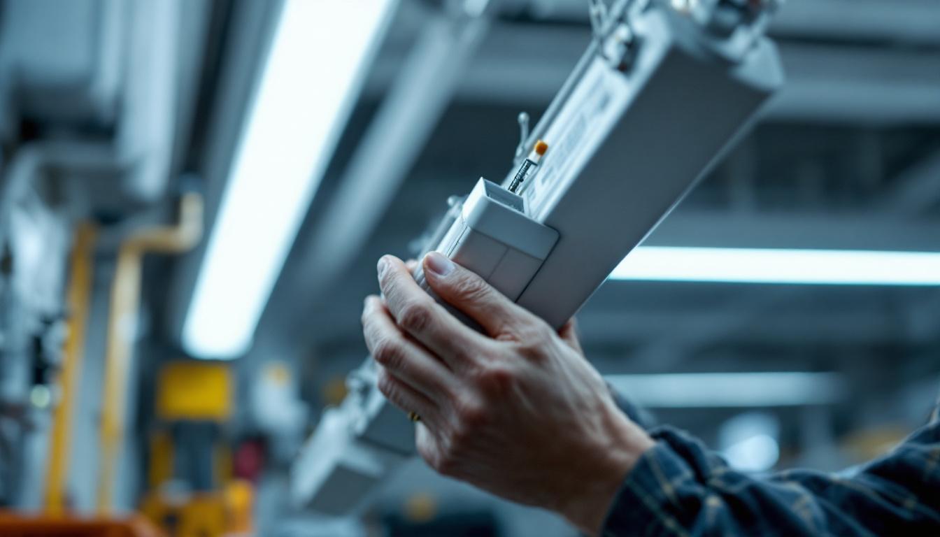 A photograph of a close-up of a technician carefully removing a ballast from a fluorescent light fixture