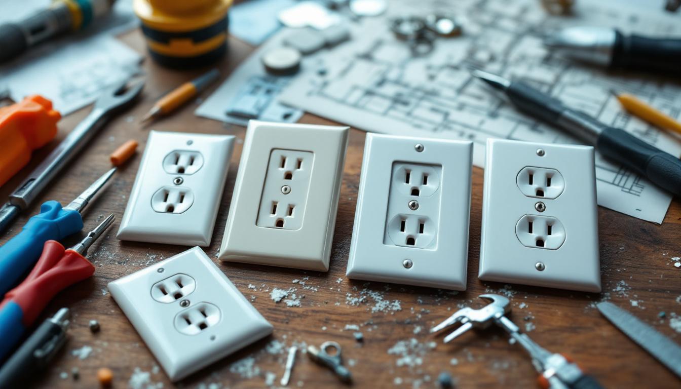 A photograph of a close-up shot of various outlet wall plate covers arranged aesthetically on a workbench