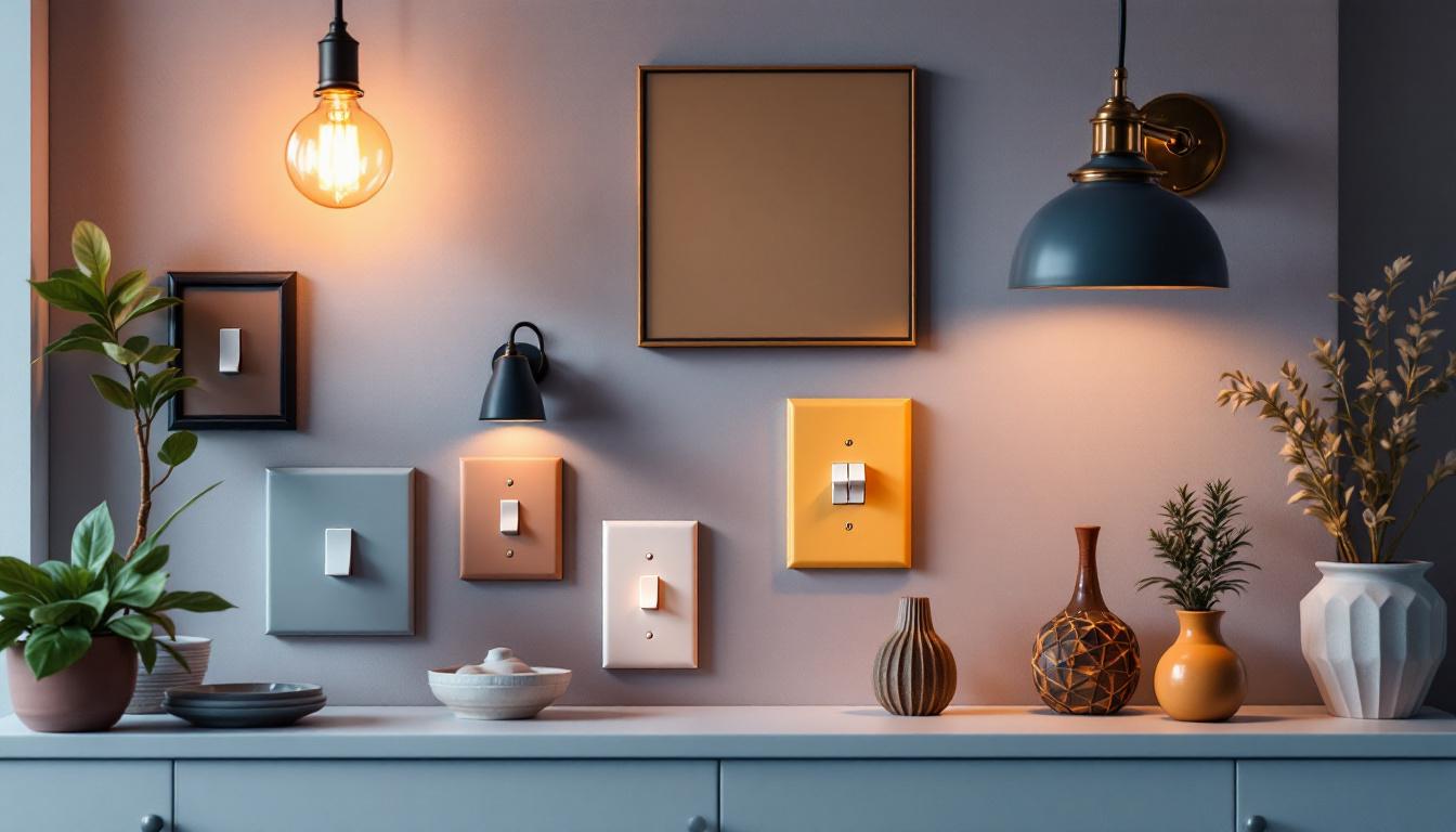 A photograph of a well-designed room showcasing various switch plate covers alongside light fixtures