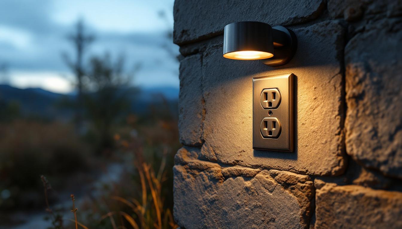 A photograph of a rugged outdoor setting featuring a metal outlet cover integrated into a stylish lighting installation