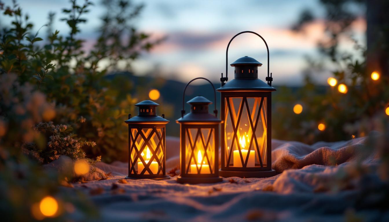 A photograph of a beautifully arranged set of three outdoor lanterns in a natural setting
