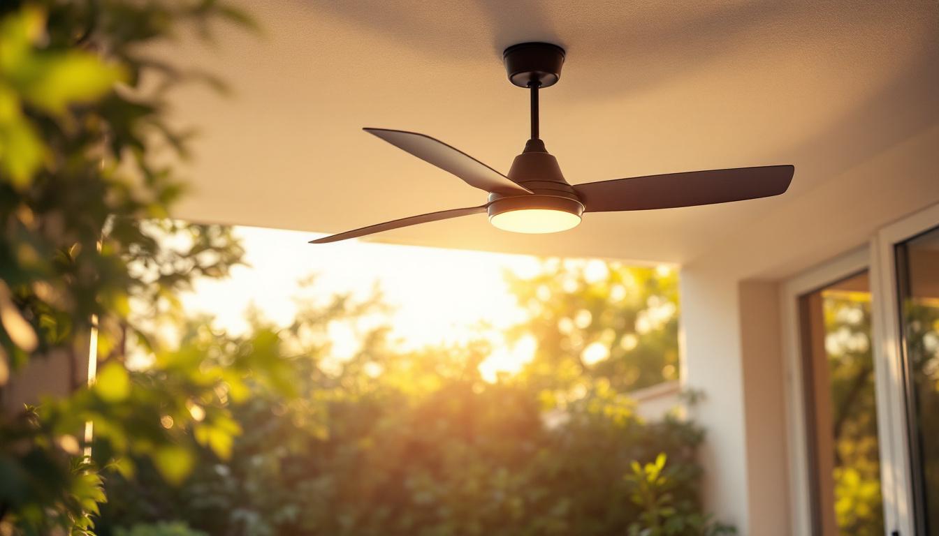 A photograph of a stylish outdoor industrial ceiling fan installed in a well-lit