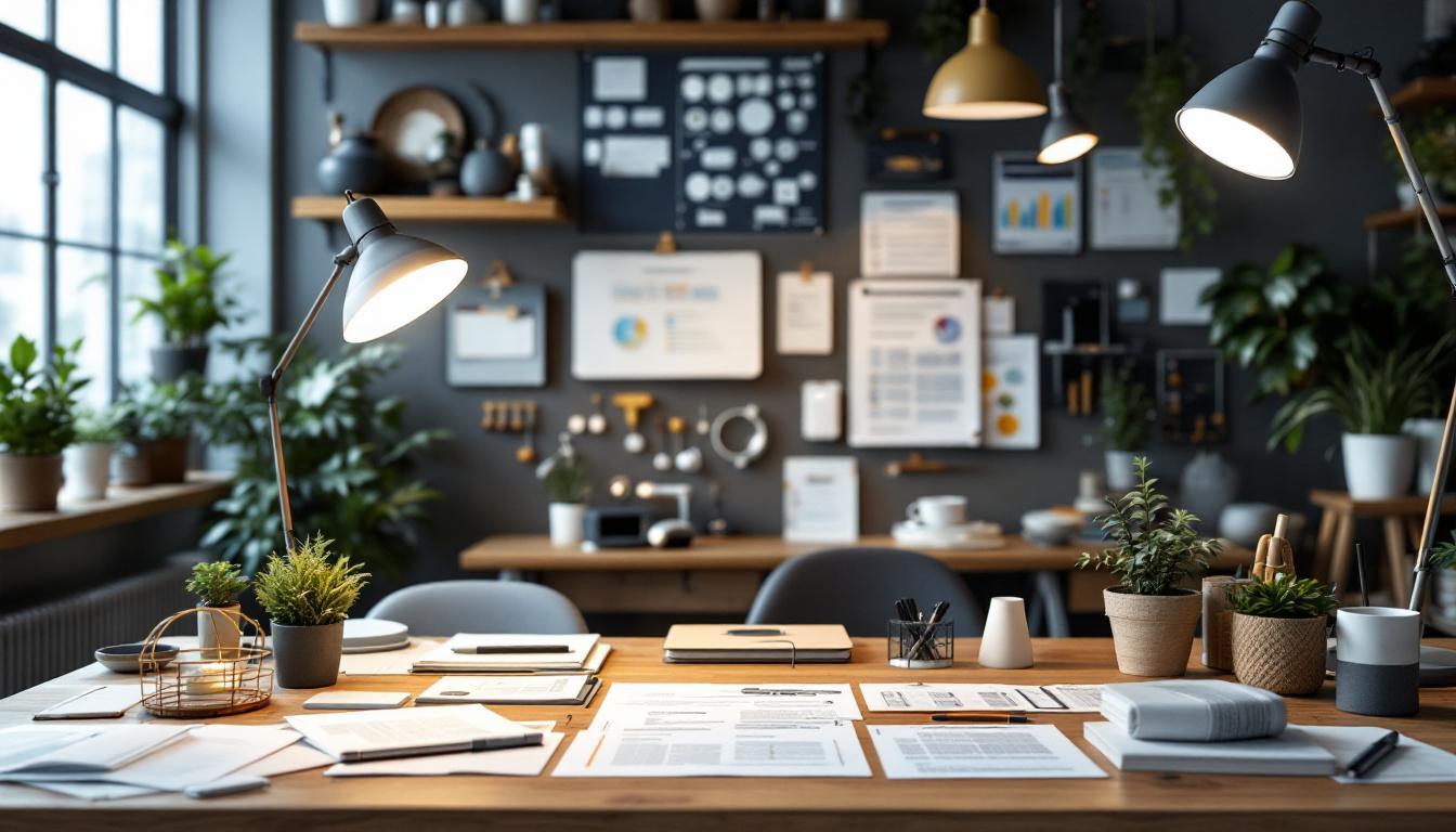 A photograph of a well-organized workspace featuring various lighting fixtures