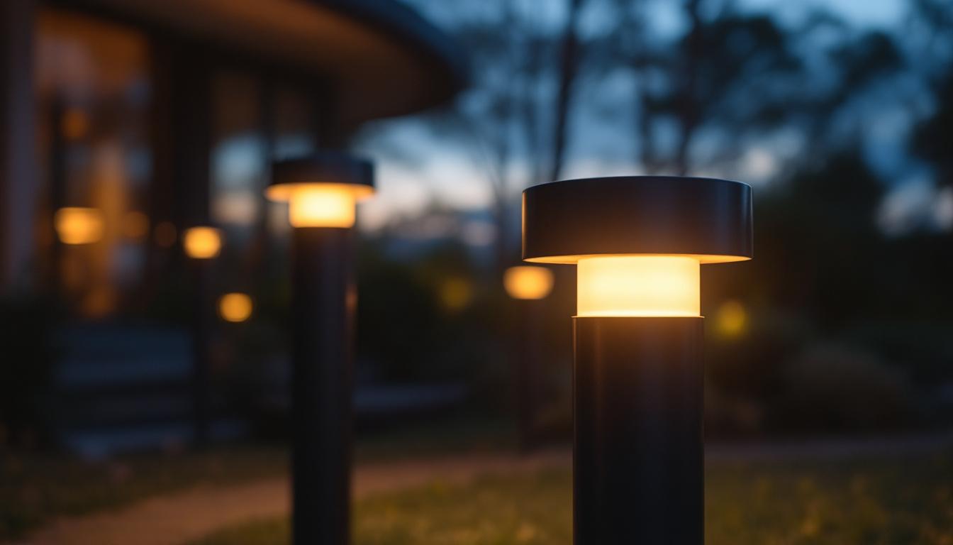 A photograph of a well-designed lighted bollard in an outdoor setting