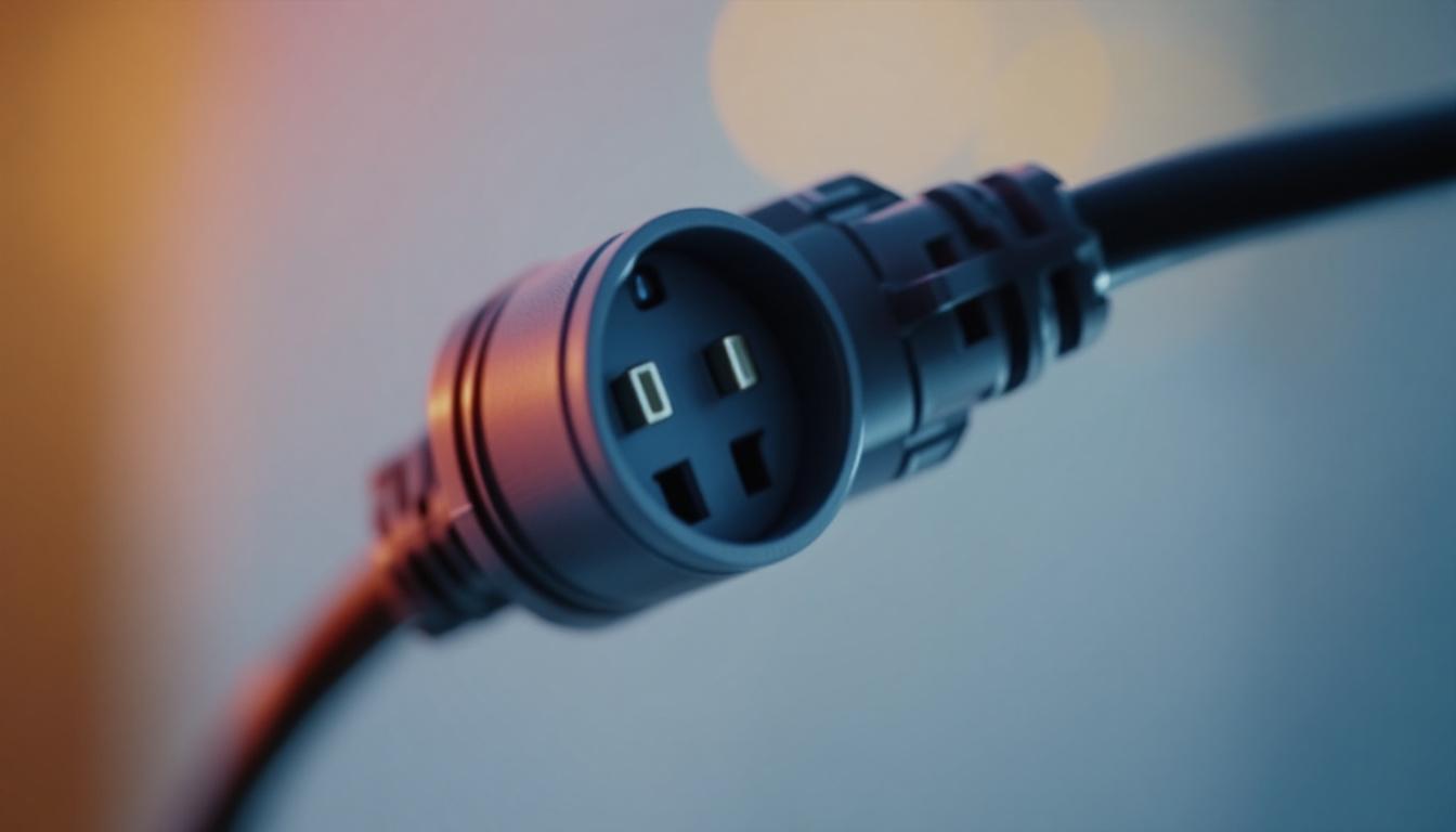A photograph of a close-up of a 120v twist lock plug being connected to a lighting fixture