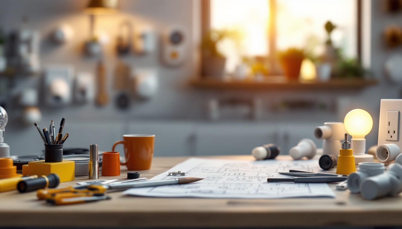 A photograph of a well-organized workspace featuring a variety of electric fittings
