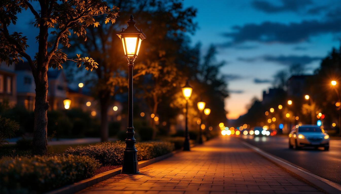 A photograph of a well-lit sidewalk featuring an elegant light post at dusk