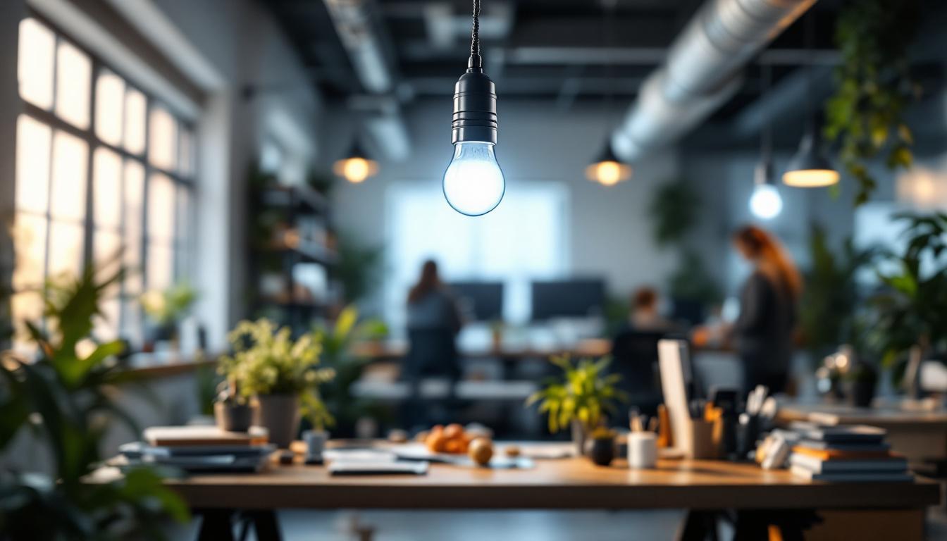 A photograph of a well-lit workspace featuring 8-foot led double pin bulbs installed in a ceiling fixture