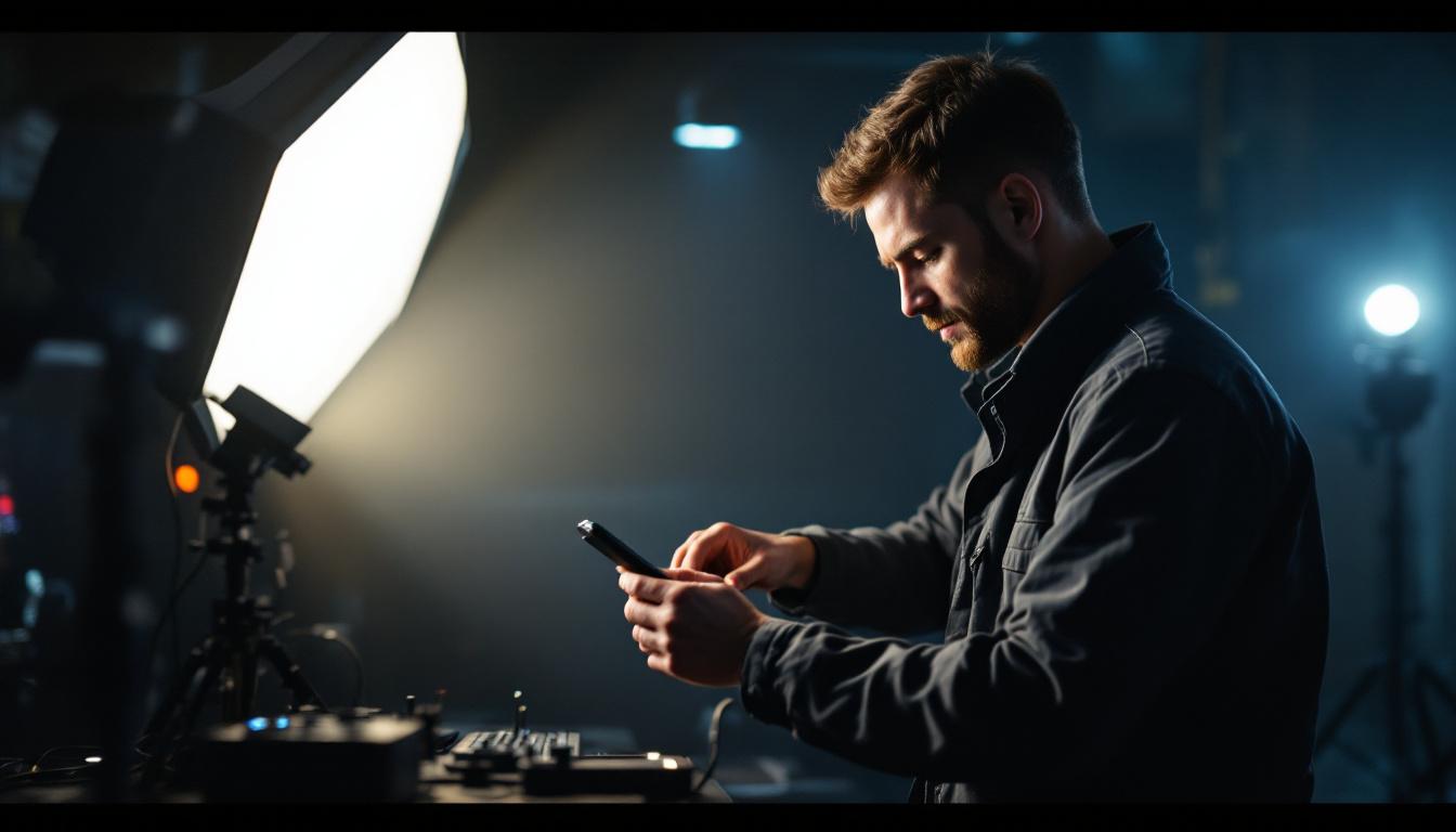 A photograph of a lighting engineer meticulously inspecting and adjusting various lighting equipment in a dimly lit environment