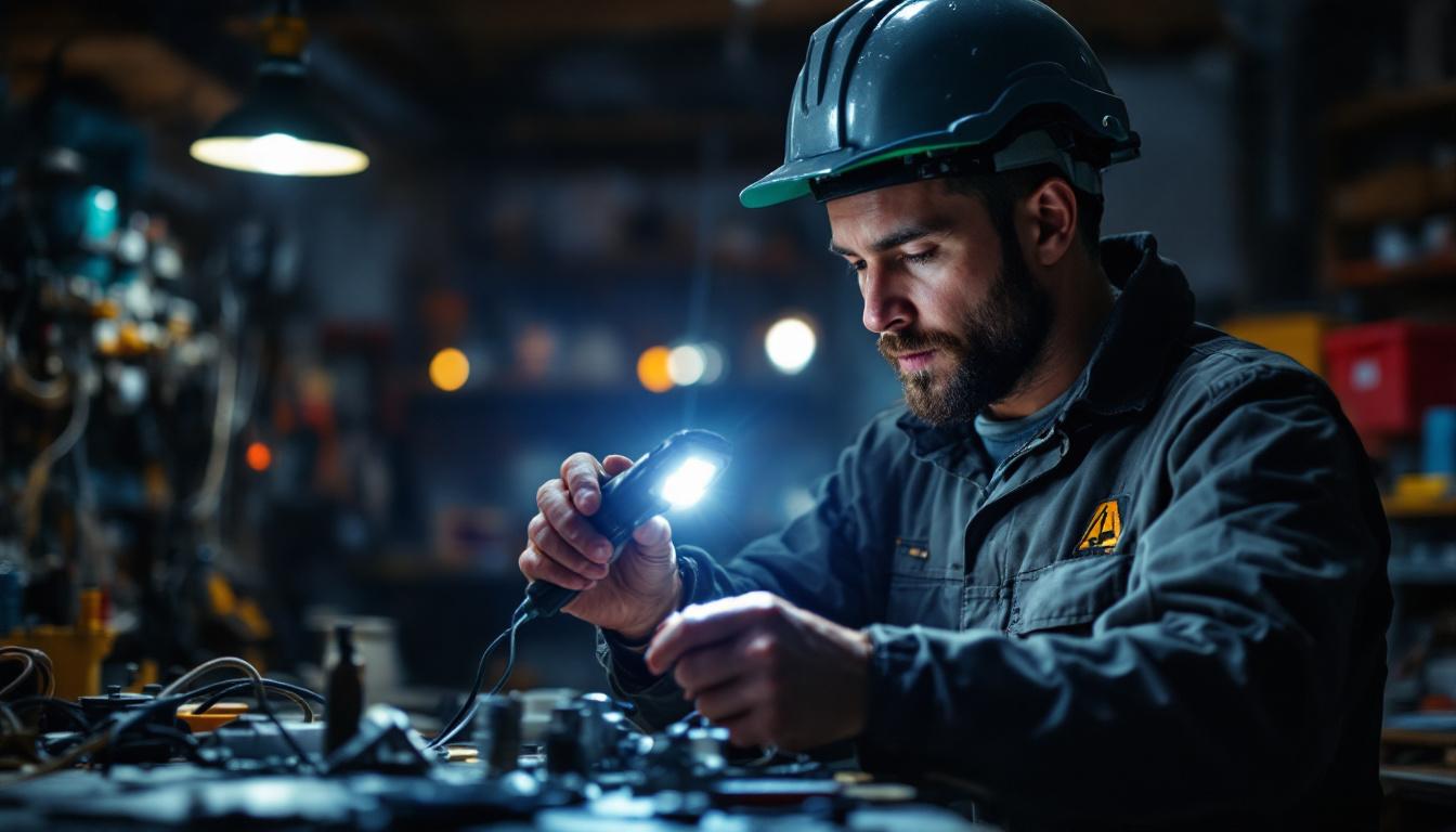 A photograph of a skilled electrical engineer using a powerful work light in a dimly lit workshop