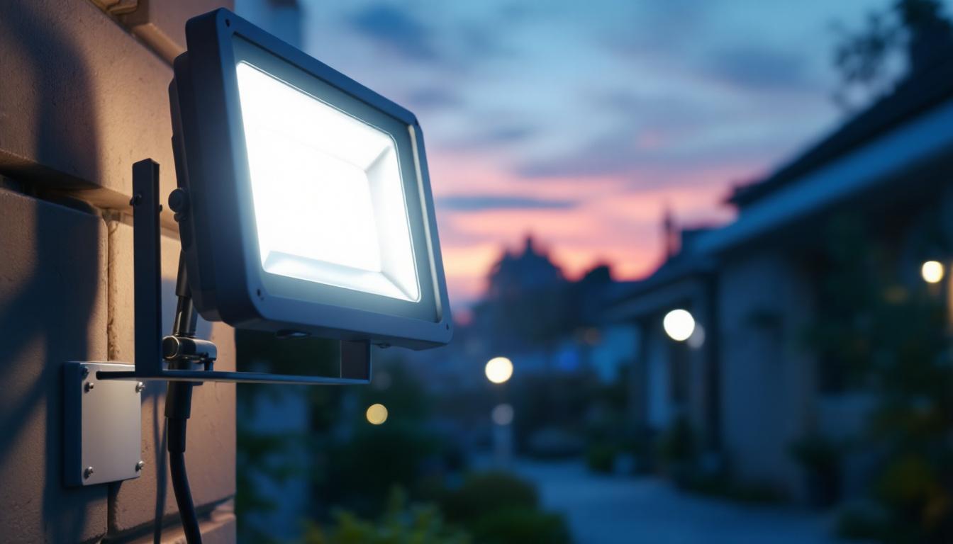 A photograph of a commercial electric flood light illuminating an outdoor space at dusk