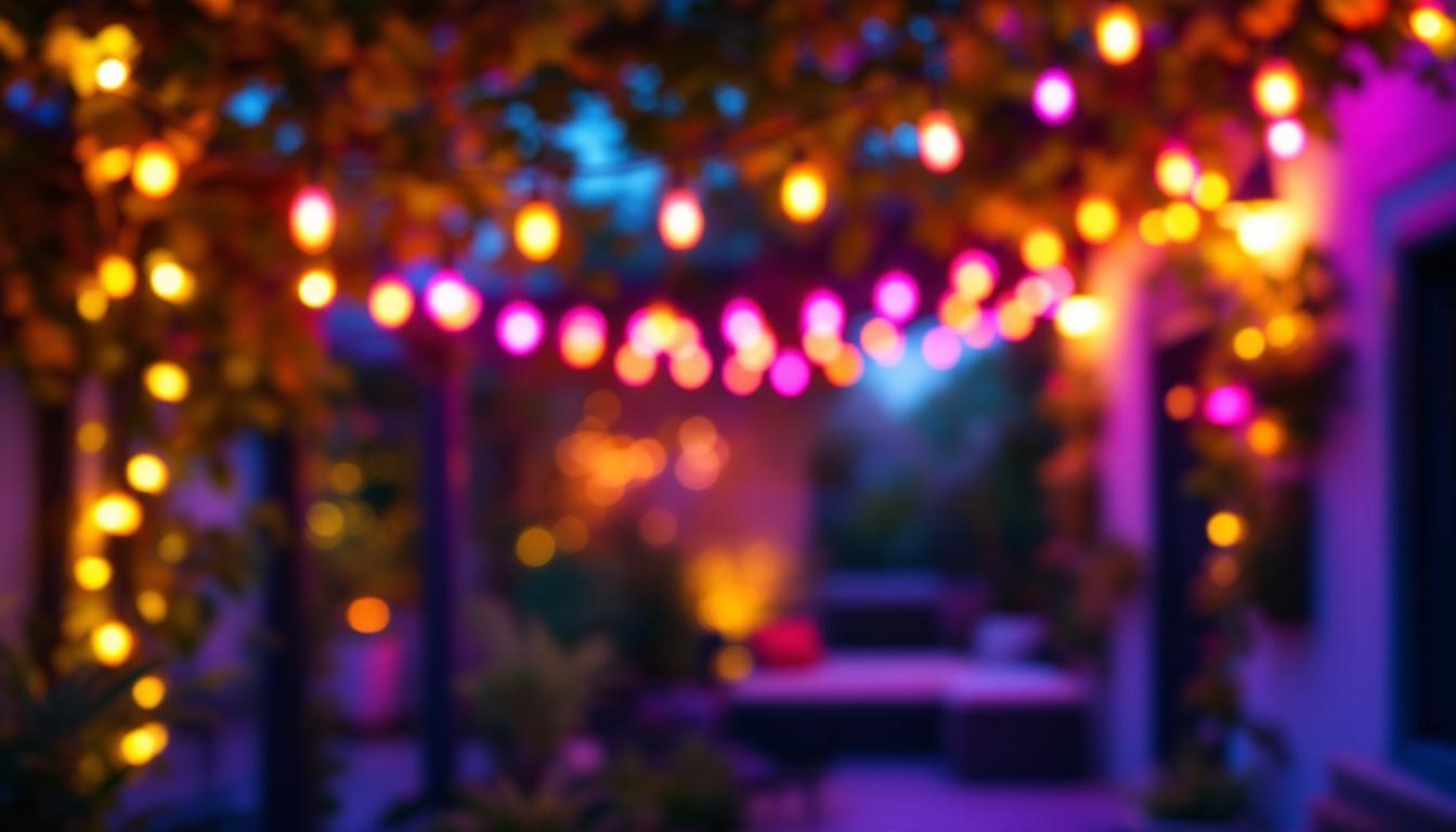 A photograph of a beautifully lit outdoor space featuring vibrant led color-changing string lights draped across a patio or garden area