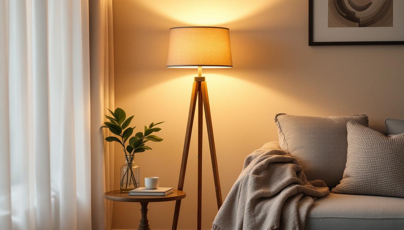 A photograph of a stylish floor lamp in a cozy living space