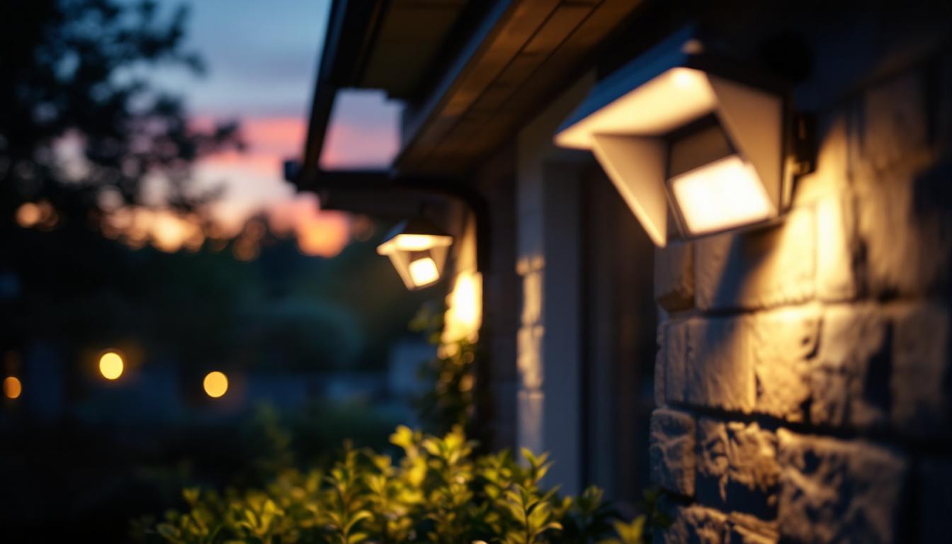 A photograph of a well-designed outdoor lighting setup featuring flood lights with protective covers