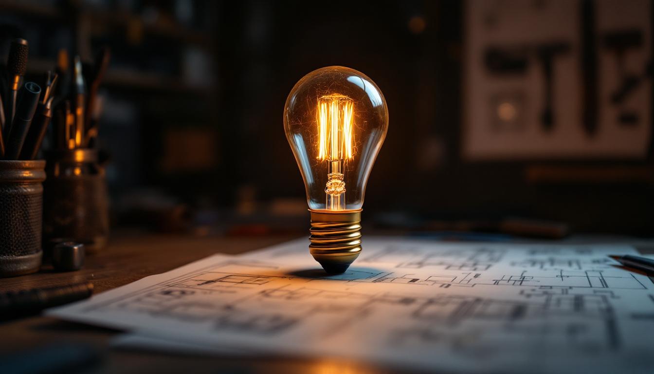 A photograph of a vintage light bulb glowing softly in a darkened room