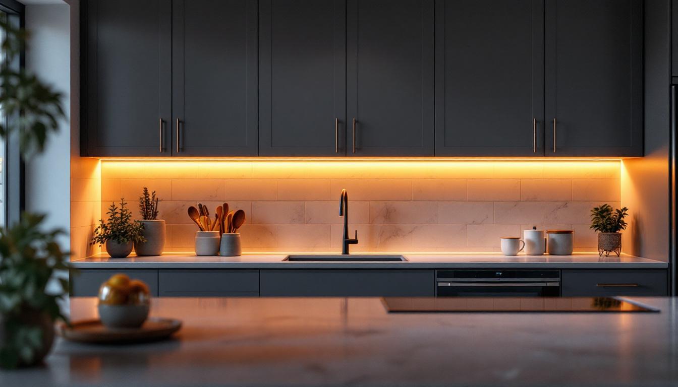 A photograph of a beautifully designed kitchen showcasing modern under cabinet lighting