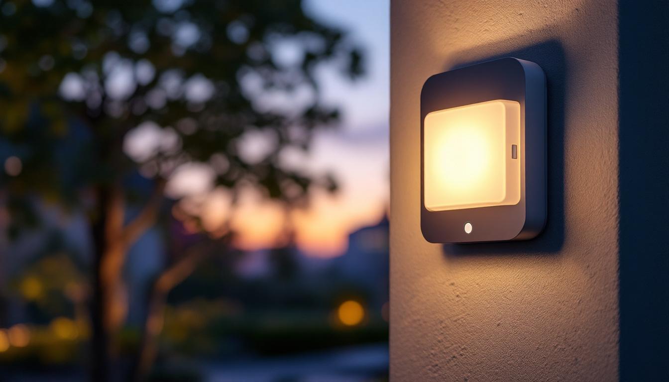A photograph of a sleek outdoor photo sensor switch installed on a stylish light fixture