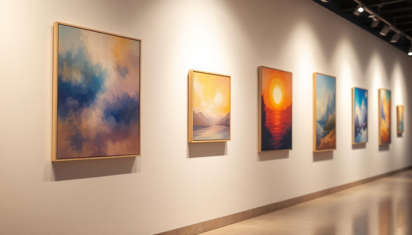 A photograph of a beautifully lit gallery wall featuring various paintings illuminated by recessed lighting