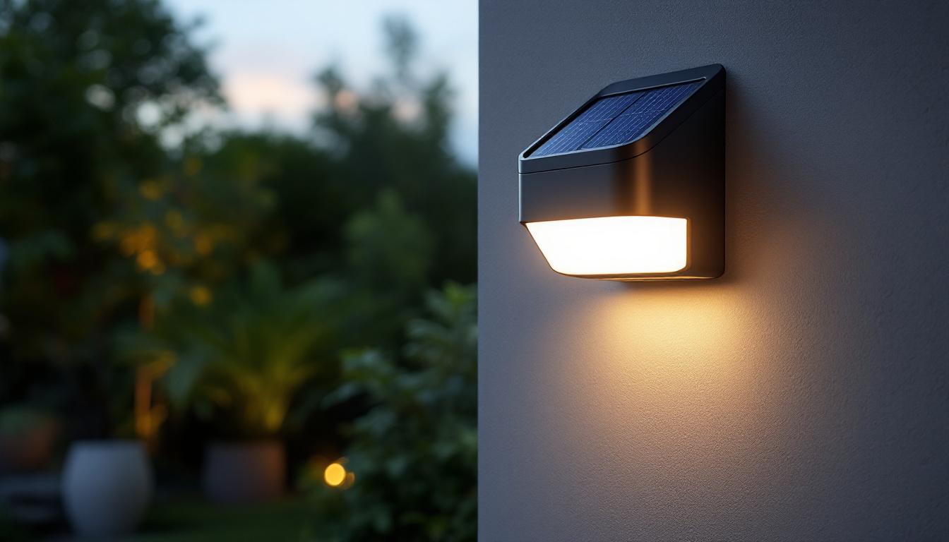 A photograph of a stylish solar led wall lamp illuminating an outdoor space at dusk