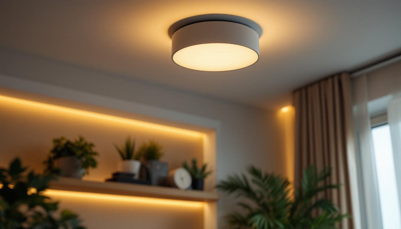 A photograph of a stylish flush-mounted ceiling light fixture in a well-lit room