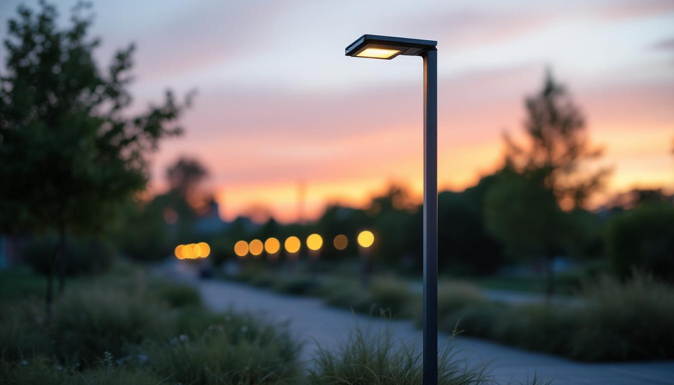 A photograph of a sleek solar-powered lamp post in an outdoor setting