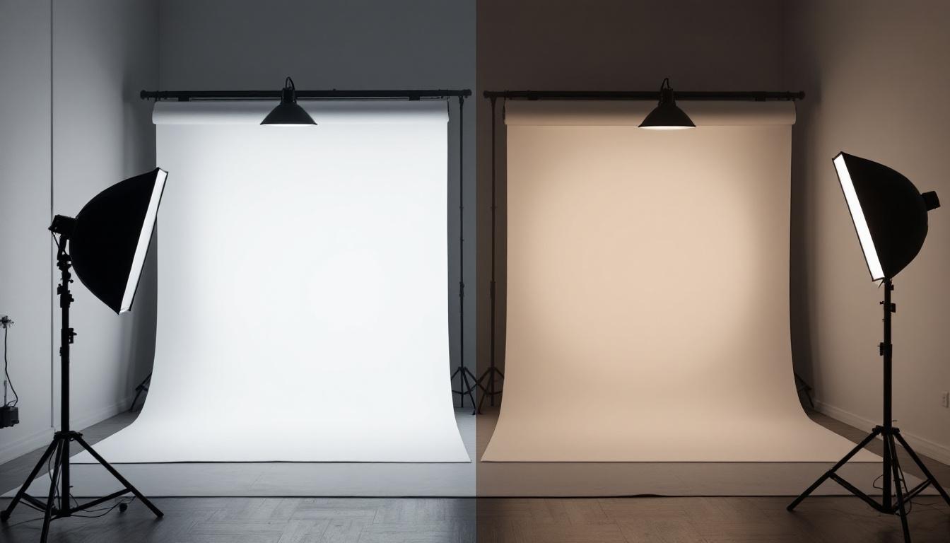 A photograph of a side-by-side comparison of tight lite and other lighting setups in a studio environment