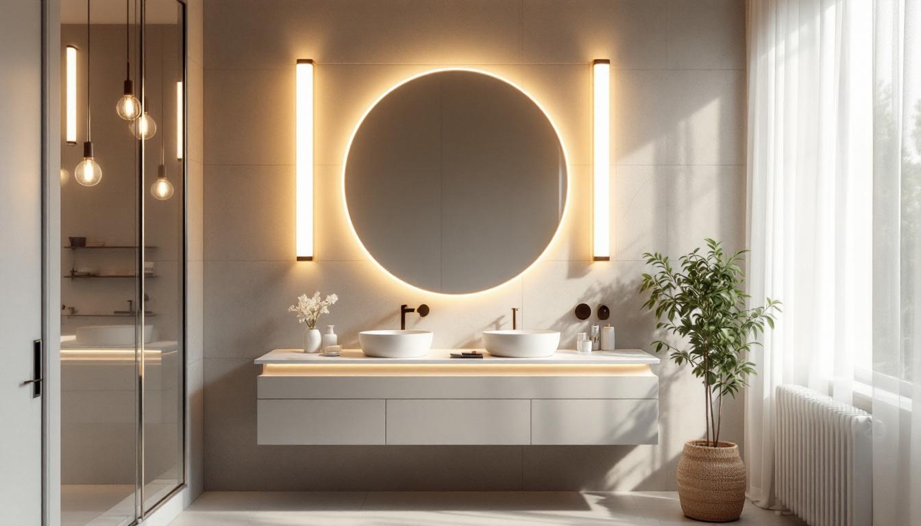 A photograph of a beautifully designed bathroom or dressing area featuring large vanity lights that highlight the space's elegance and functionality