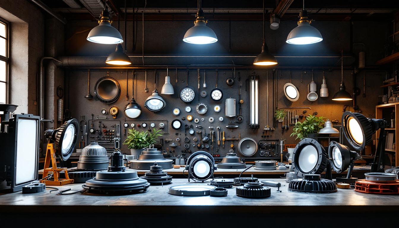 A photograph of a well-lit workspace featuring various types of shop light ballasts alongside different lighting fixtures