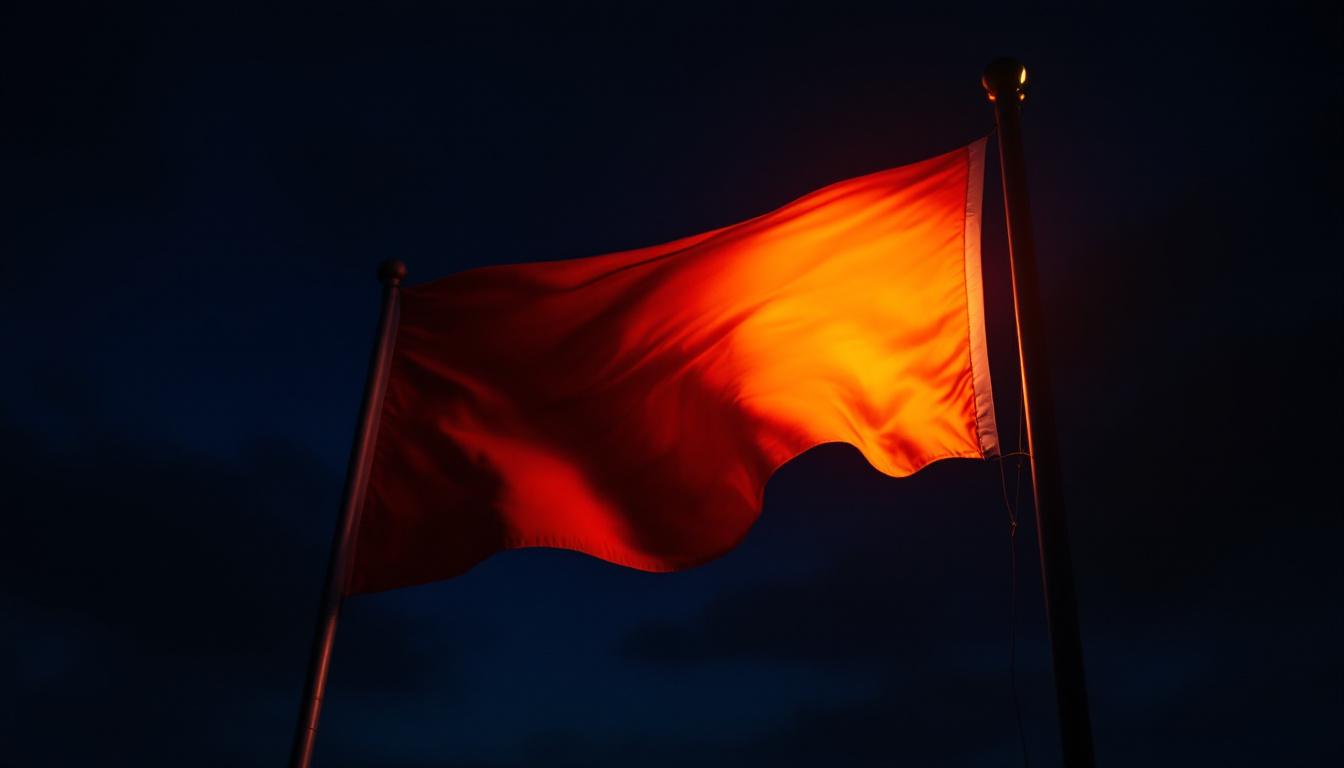 A photograph of a flag illuminated by a soft