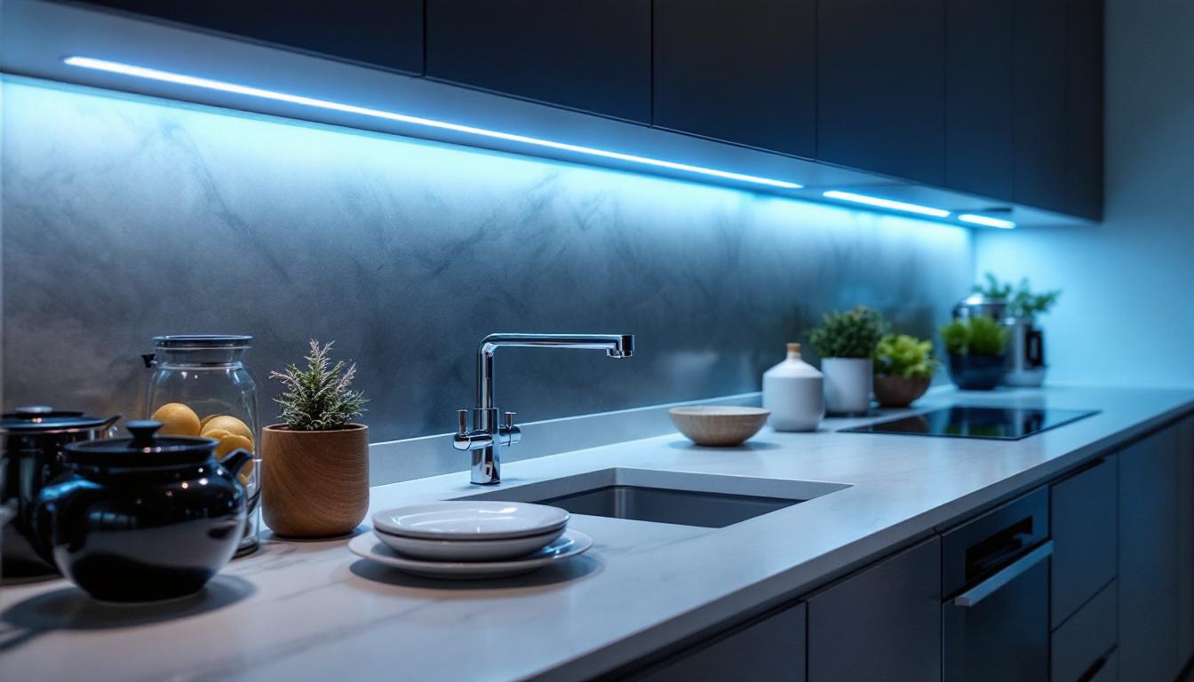 A photograph of a modern kitchen showcasing sleek under-cabinet led lighting