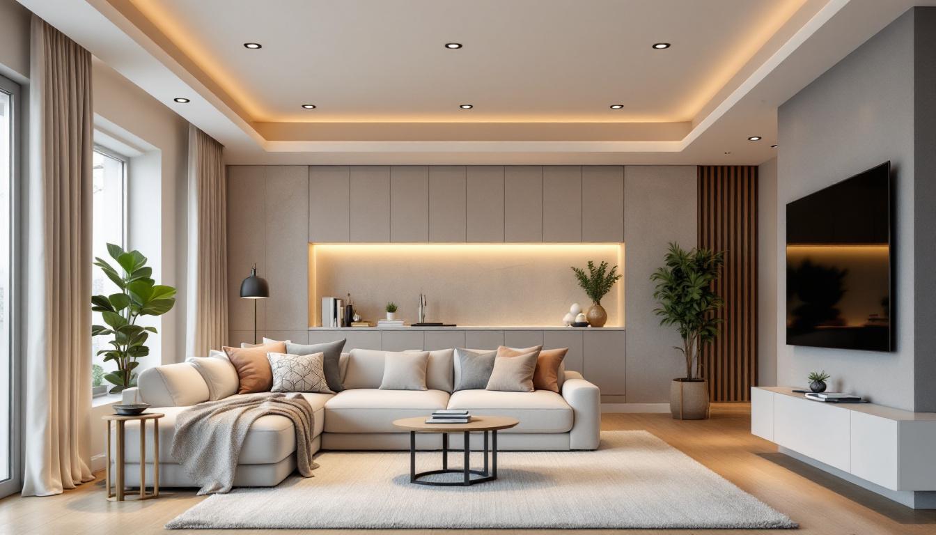 A photograph of a modern living space featuring sleek 5-inch led recessed lighting fixtures integrated into the ceiling