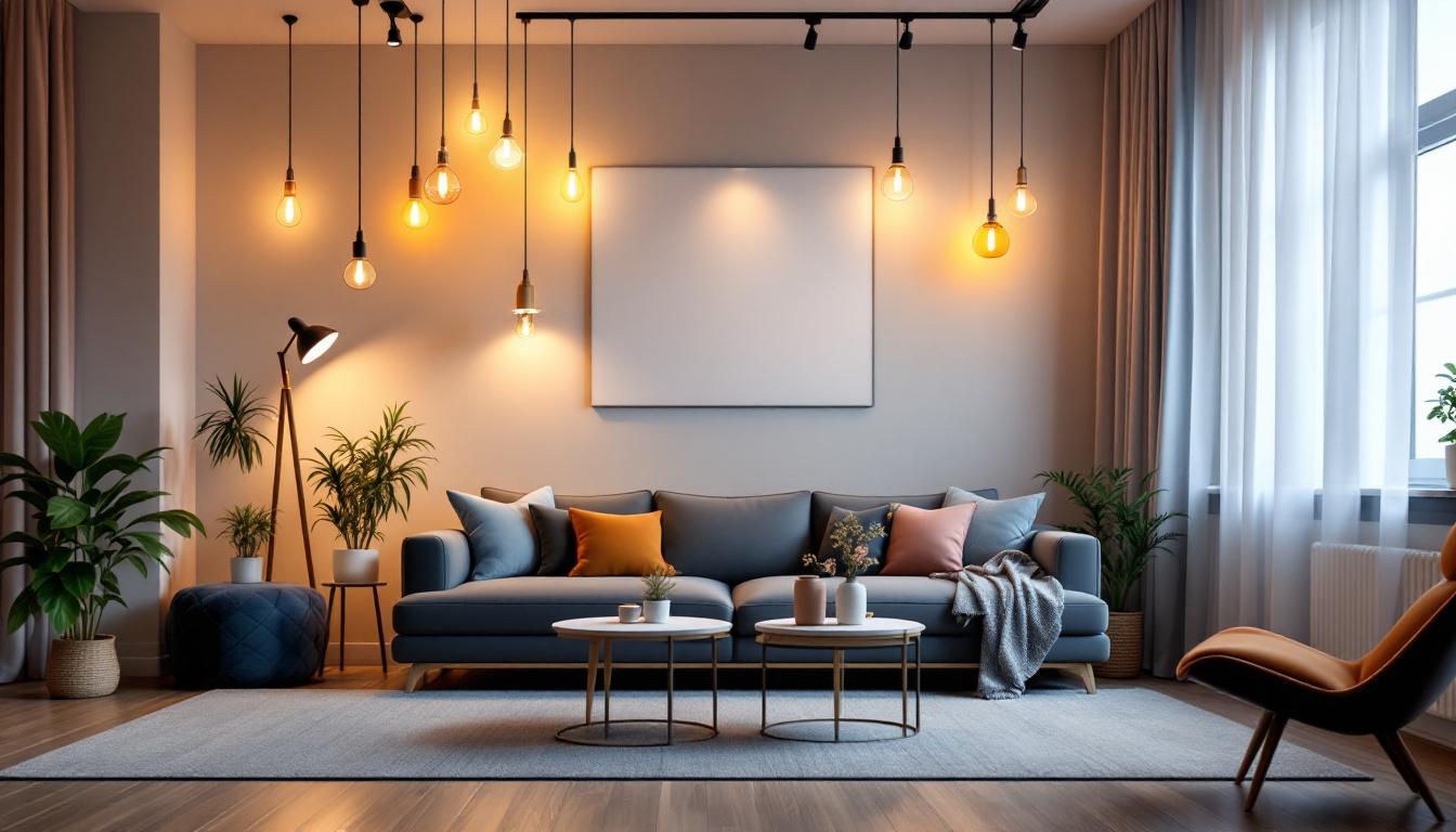 A photograph of a beautifully lit living space showcasing a variety of stylish light fixtures