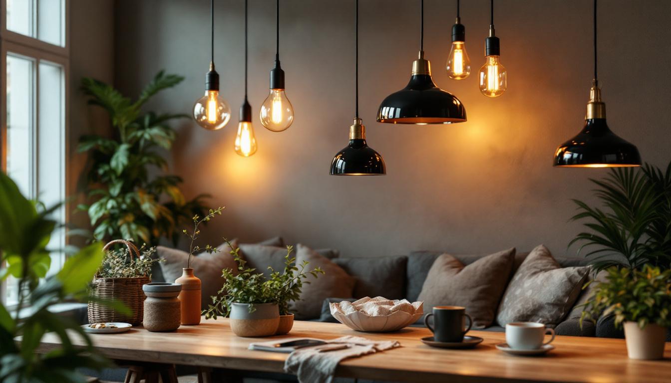 A photograph of a beautifully styled interior featuring a variety of hanging light kits in use