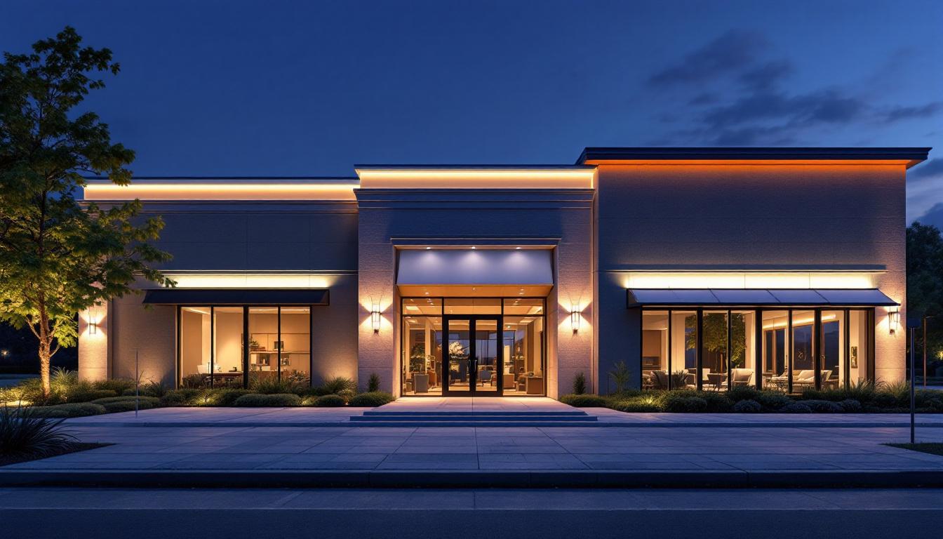 A photograph of a beautifully illuminated commercial building exterior at dusk