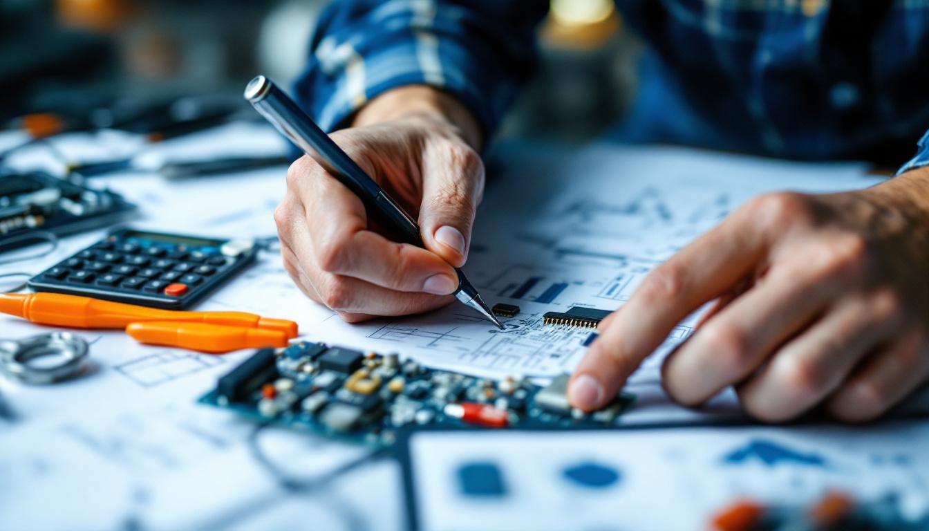 A photograph of a close-up of an electrical engineer working on a circuit board