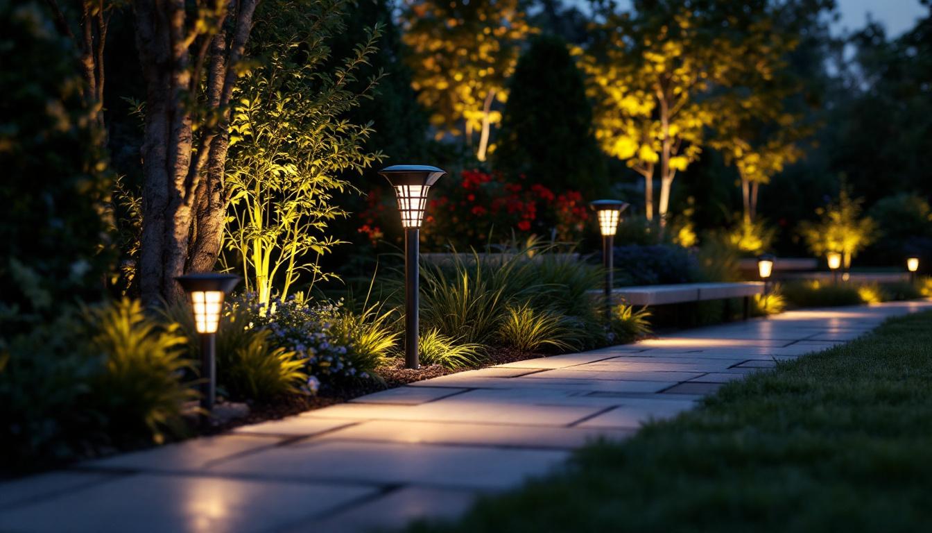 A photograph of a beautifully illuminated outdoor space featuring solar accent lighting