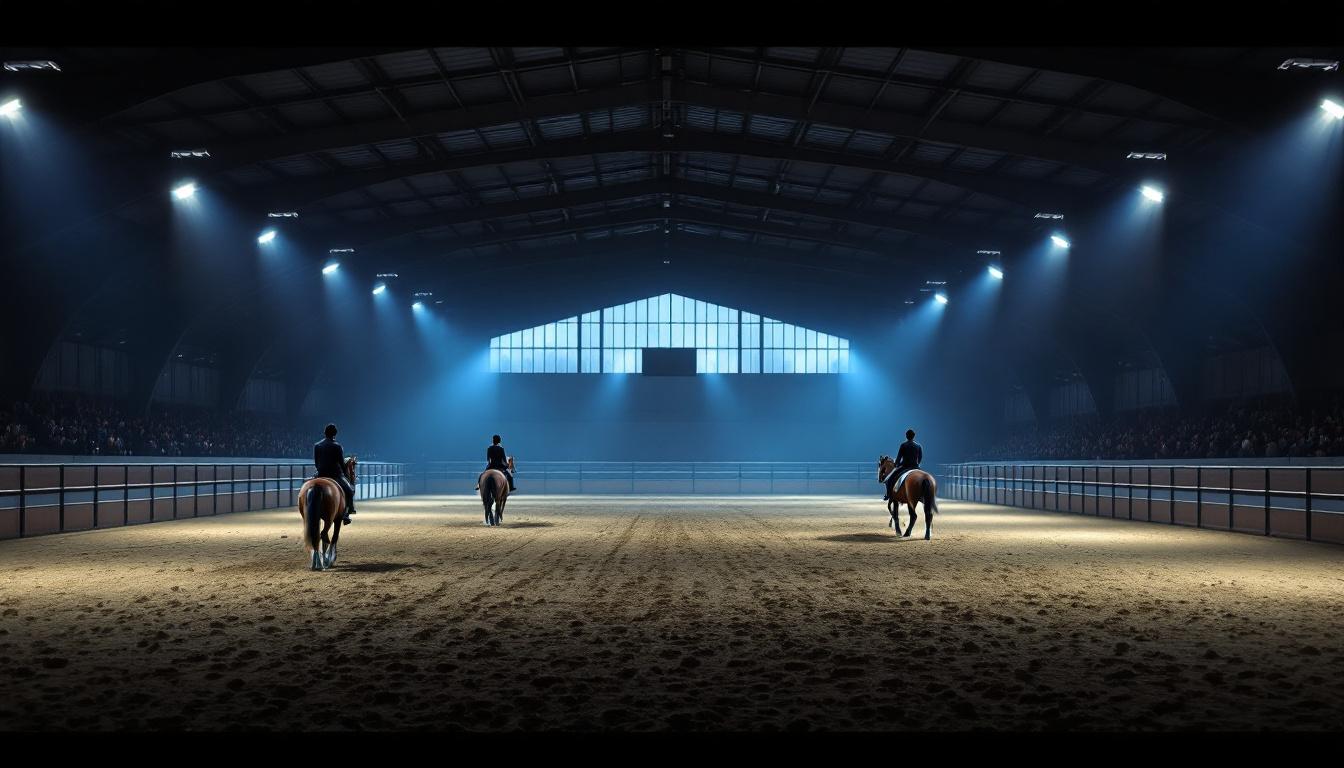 A photograph of a spacious riding arena illuminated by energy-efficient lighting